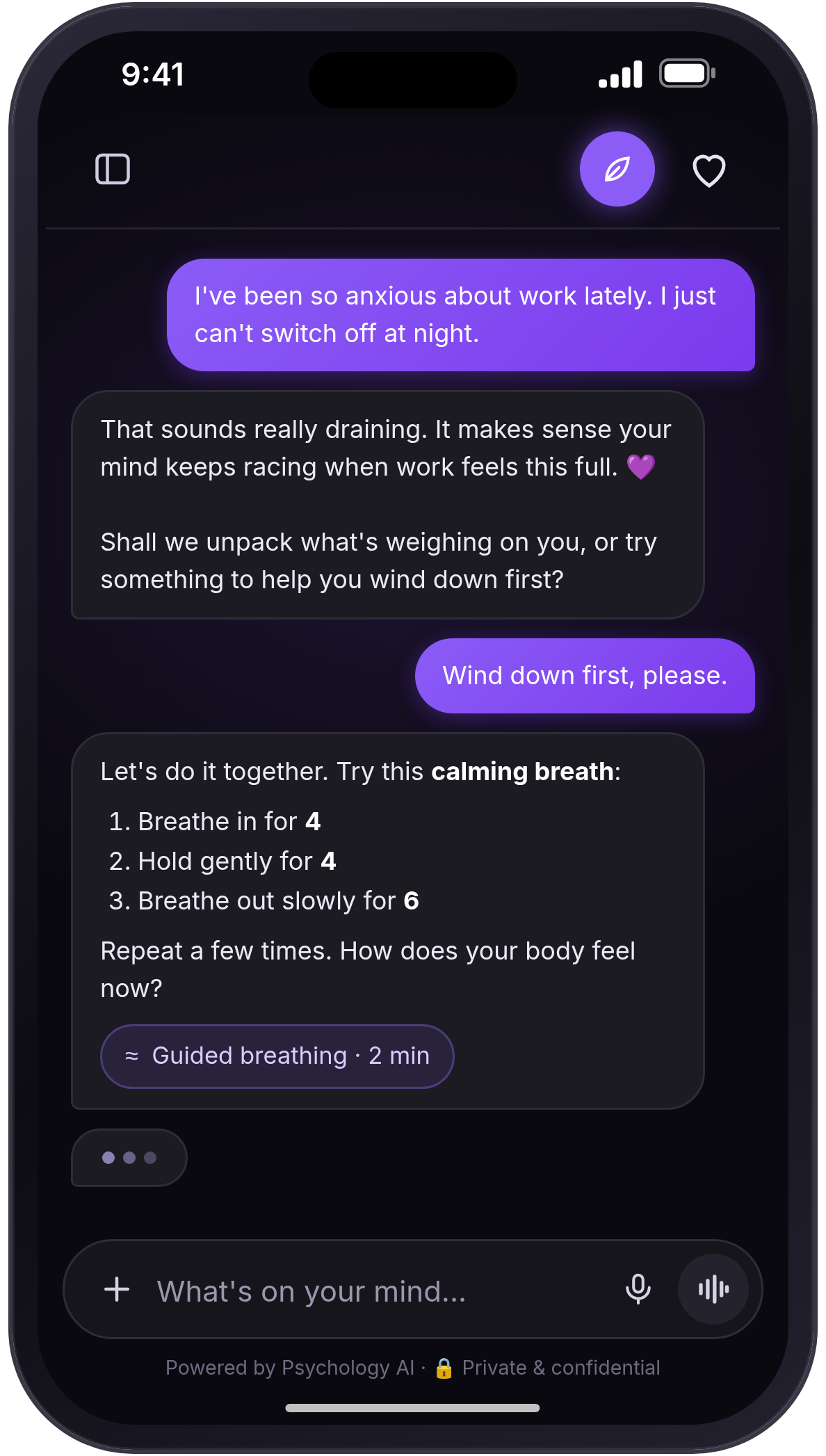 A supportive conversation in Psychology AI, where the companion guides someone feeling anxious about work through a calming breathing exercise