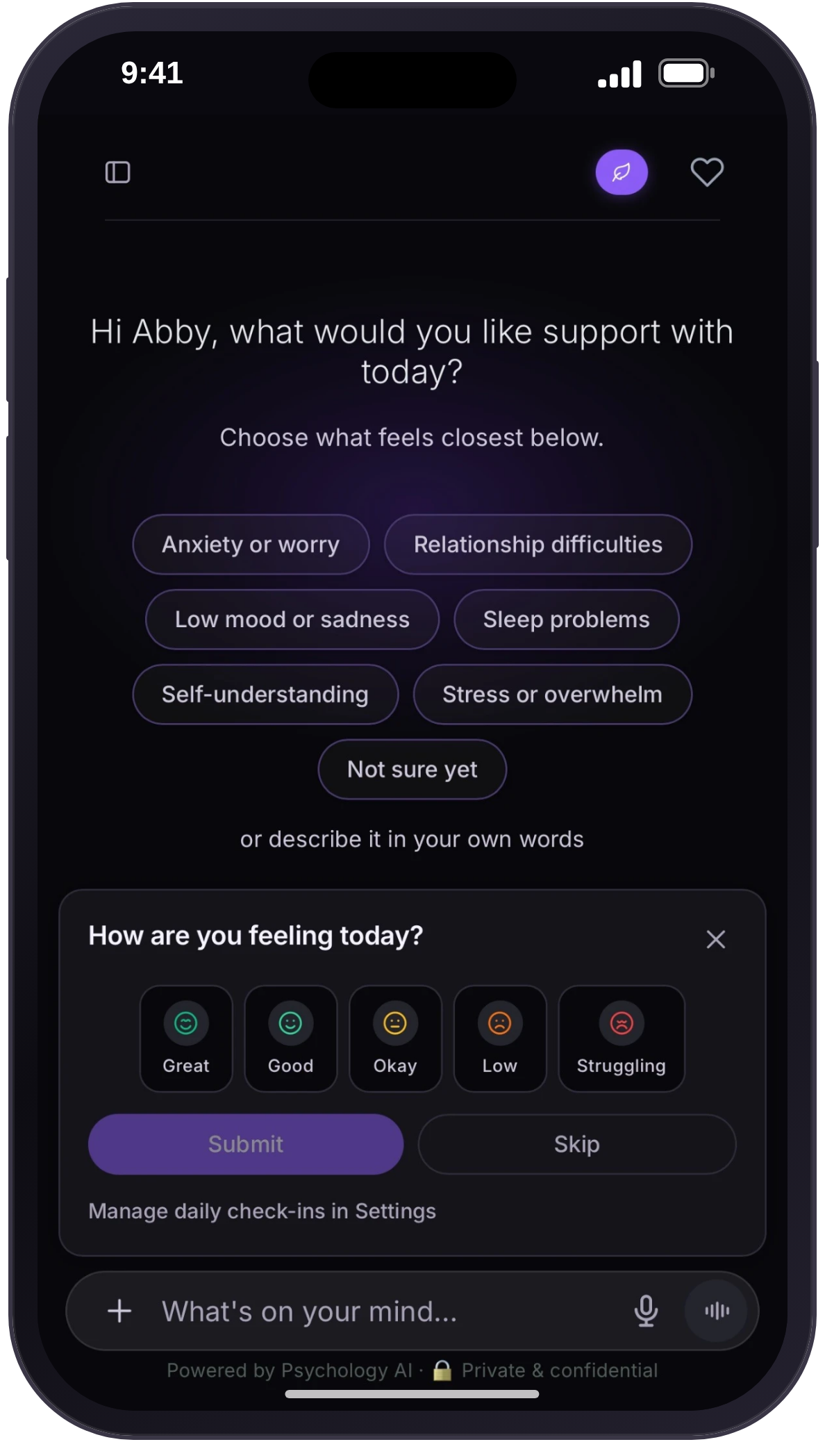 Psychology AI chat home screen asking what you would like support with today, with topic suggestions and a How are you feeling today check-in
