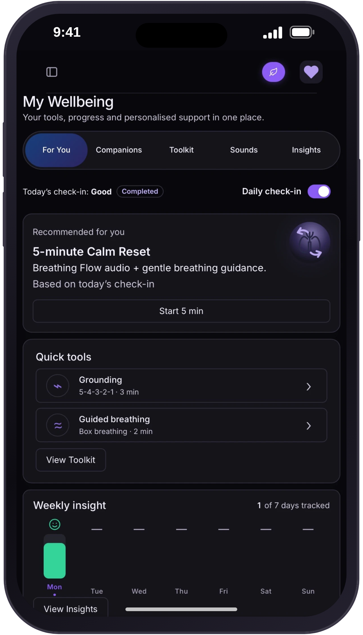 My Wellbeing screen in the Psychology AI app, showing today's check-in, a recommended calm reset, quick tools and a weekly insight chart