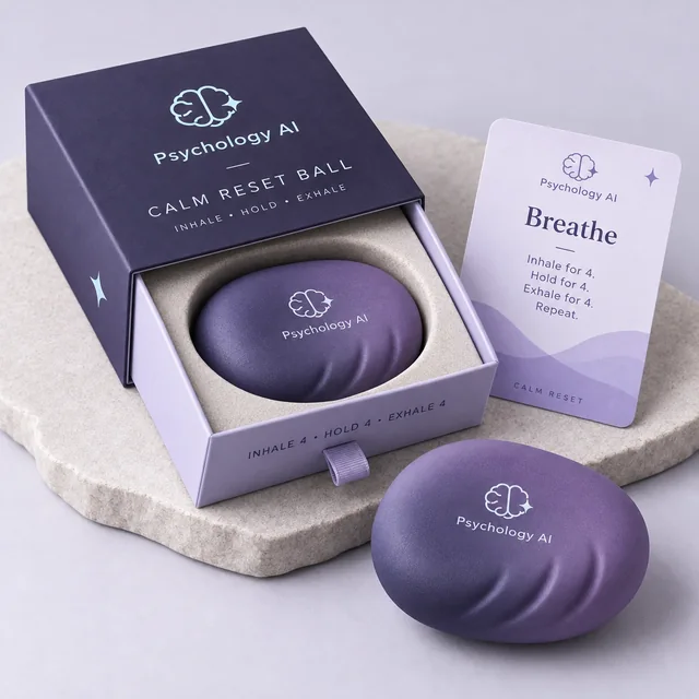 Psychology AI Calm Reset Ball in its drawer box beside a Breathe guide card
