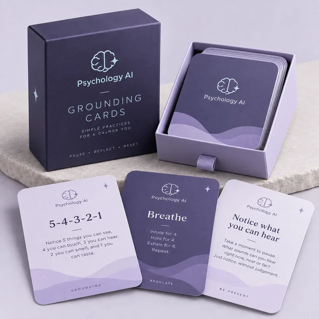 Psychology AI Grounding Cards deck in its drawer box, with 5-4-3-2-1, Breathe and Notice what you can hear cards