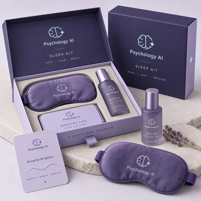 Psychology AI Sleep Kit with a silk-feel eye mask, sleep mist and breathing card in a presentation box