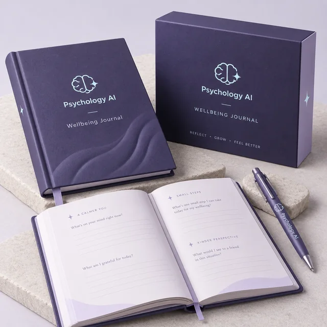 Psychology AI Wellbeing Journal with its presentation box, an open guided page and a branded pen